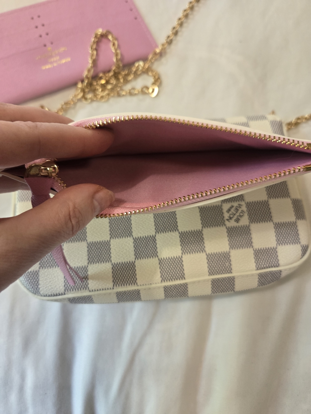 Adorable Damier Azur Pink-Trim Chain Pochette with Gold Chain - Picture 7 of 11